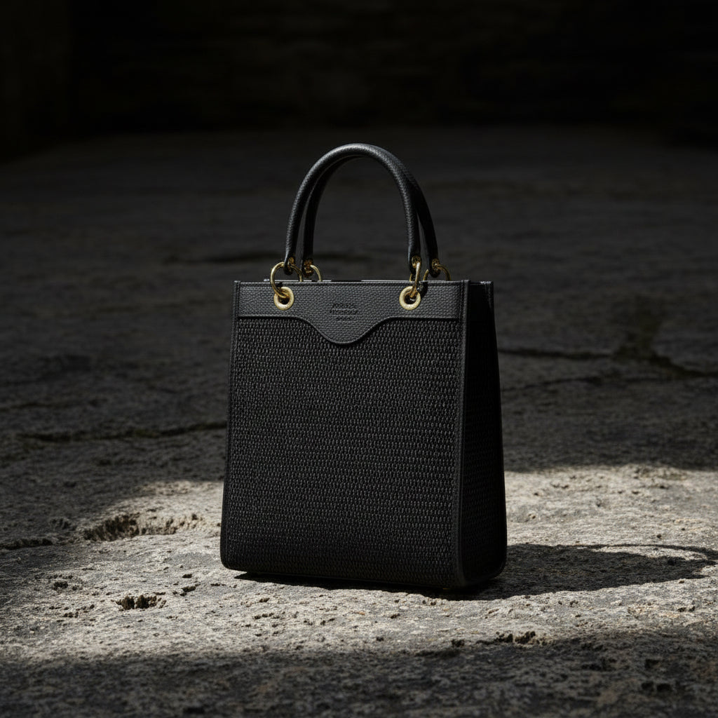 Sac vertical en cuir véritable et raphia noir, avec fermeture zippée, poignées renforcées, attache dorée, poche intérieure zippée et bandoulière amovible et réglable.