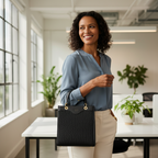 Sac vertical en cuir véritable et raphia noir, avec fermeture zippée, poignées renforcées, attache dorée, poche intérieure zippée et bandoulière amovible et réglable.