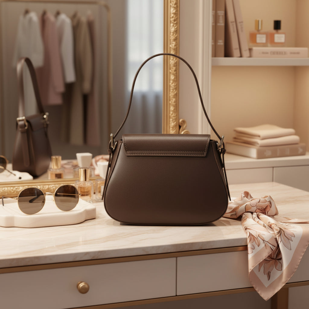 Sac Emma en cuir lisse Testa Moro, fabriqué en Italie, avec pattina magnétique, zip interne et poches de rangement, silhouette compacte et élégante