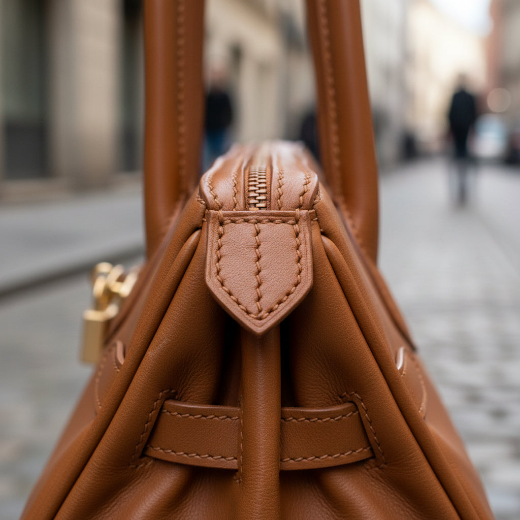 Sac porté épaule Arianna en cuir sauvage souple couleur cognac, fabriqué en Italie, avec métallerie or mat et format 34 × 15 × 16 cm, poignée de 20 cm.