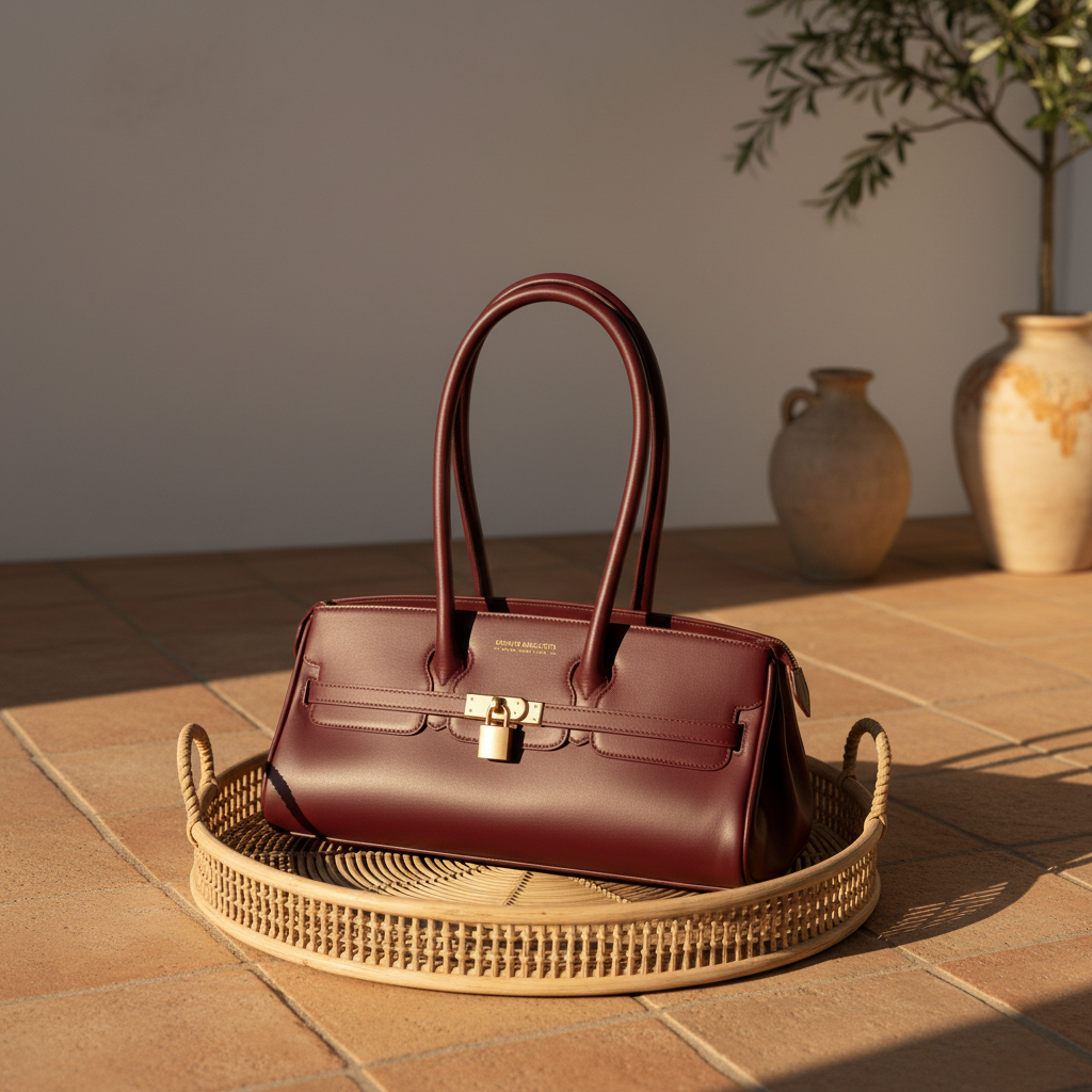 Sac porté épaule Arianna en cuir sauvage souple couleur bordeaux, fabriqué en Italie, avec accessoires métal or mat et format 34 × 15 × 16 cm, poignée de 20 cm.