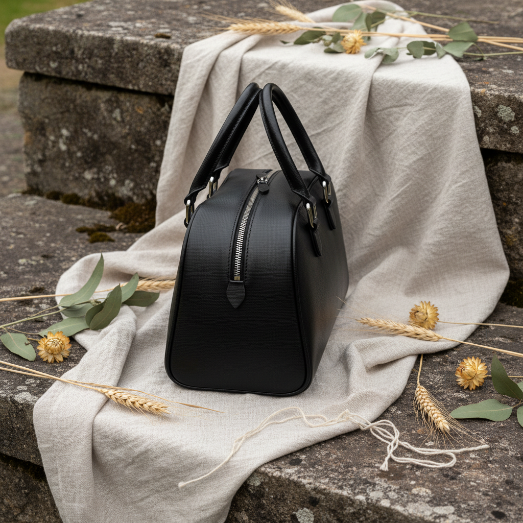  Sac bowling Virginia en cuir Saffiano noir, fabriqué en Italie, avec accessoires argentés polis et format 35 × 19 × 14,5 cm, poignée de 12 cm.