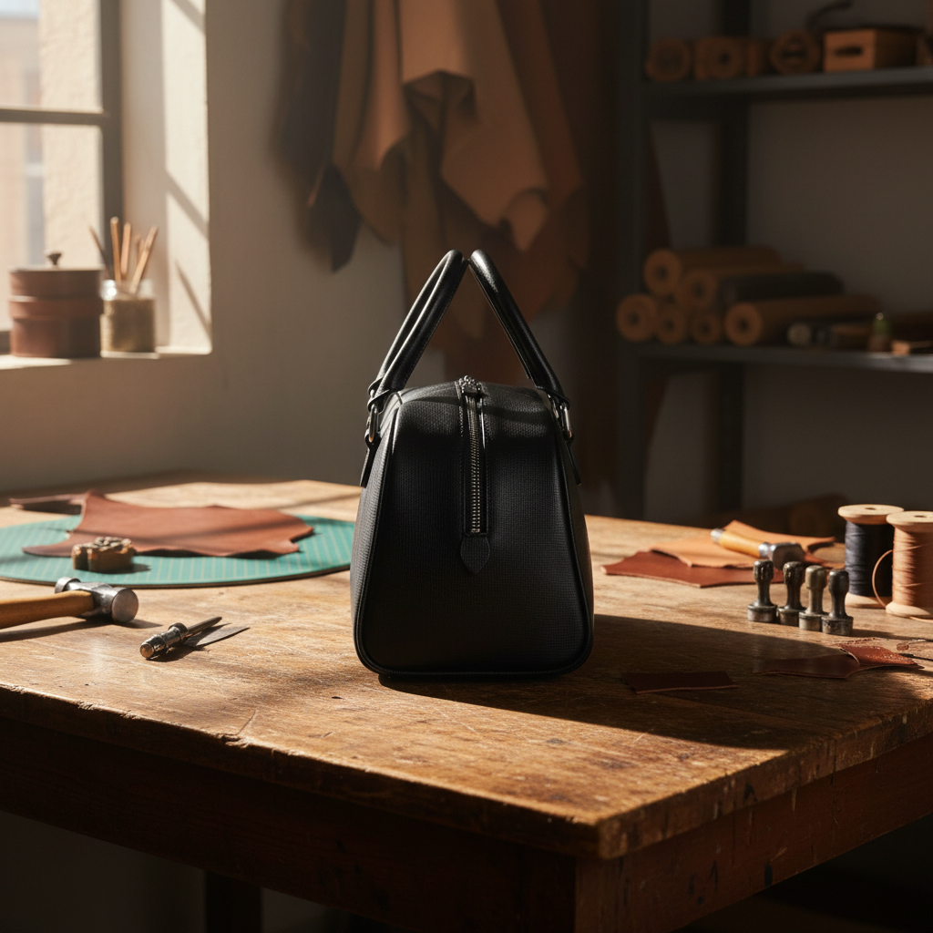  Sac bowling Virginia en cuir Saffiano noir, fabriqué en Italie, avec accessoires argentés polis et format 35 × 19 × 14,5 cm, poignée de 12 cm.
