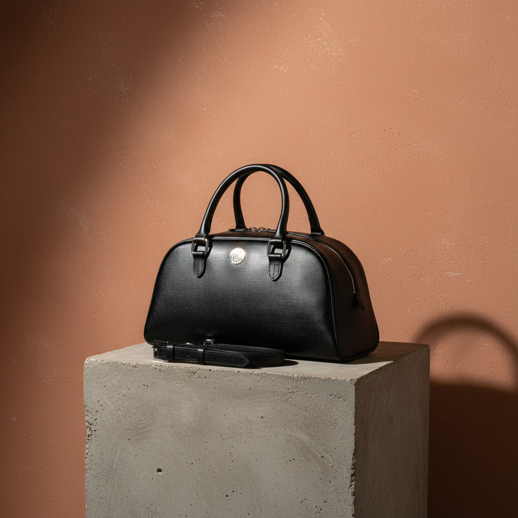 Sac bowling Virginia en cuir Saffiano noir, fabriqué en Italie, avec accessoires argentés polis et format 35 × 19 × 14,5 cm, poignée de 12 cm.