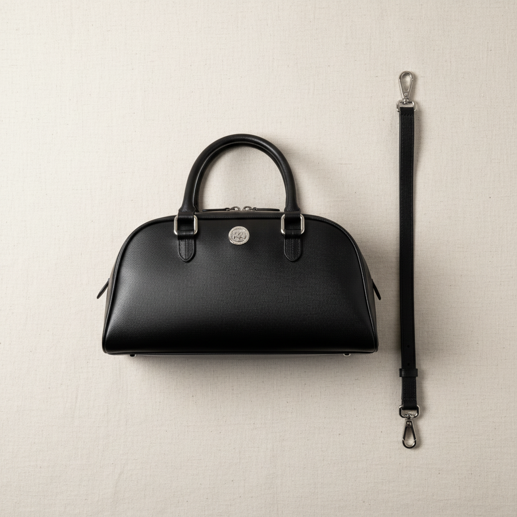  Sac bowling Virginia en cuir Saffiano noir, fabriqué en Italie, avec accessoires argentés polis et format 35 × 19 × 14,5 cm, poignée de 12 cm.