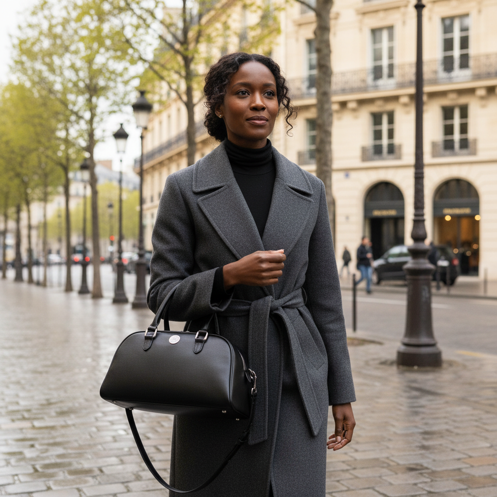  Sac bowling Virginia en cuir Saffiano noir, fabriqué en Italie, avec accessoires argentés polis et format 35 × 19 × 14,5 cm, poignée de 12 cm.