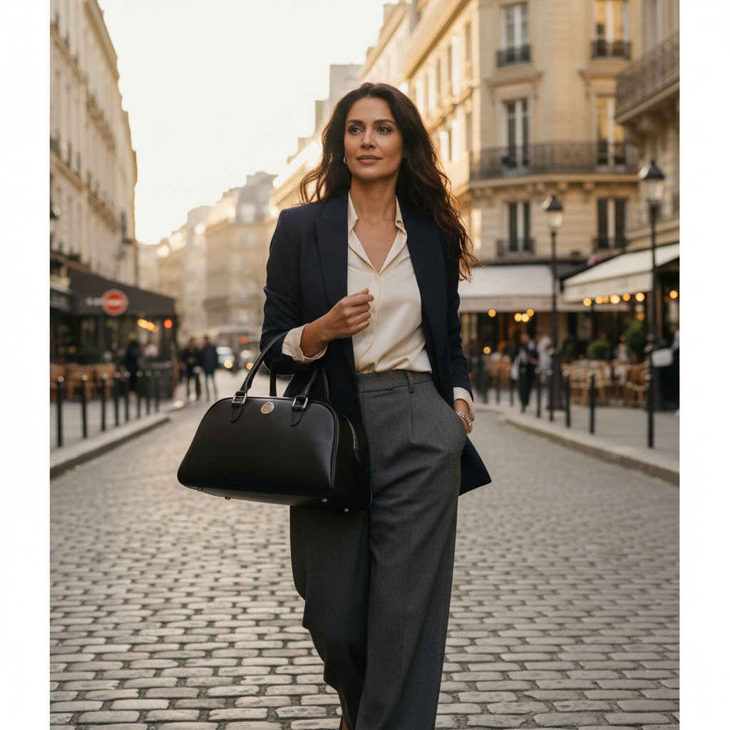  Sac bowling Virginia en cuir Saffiano noir, fabriqué en Italie, avec accessoires argentés polis et format 35 × 19 × 14,5 cm, poignée de 12 cm.
