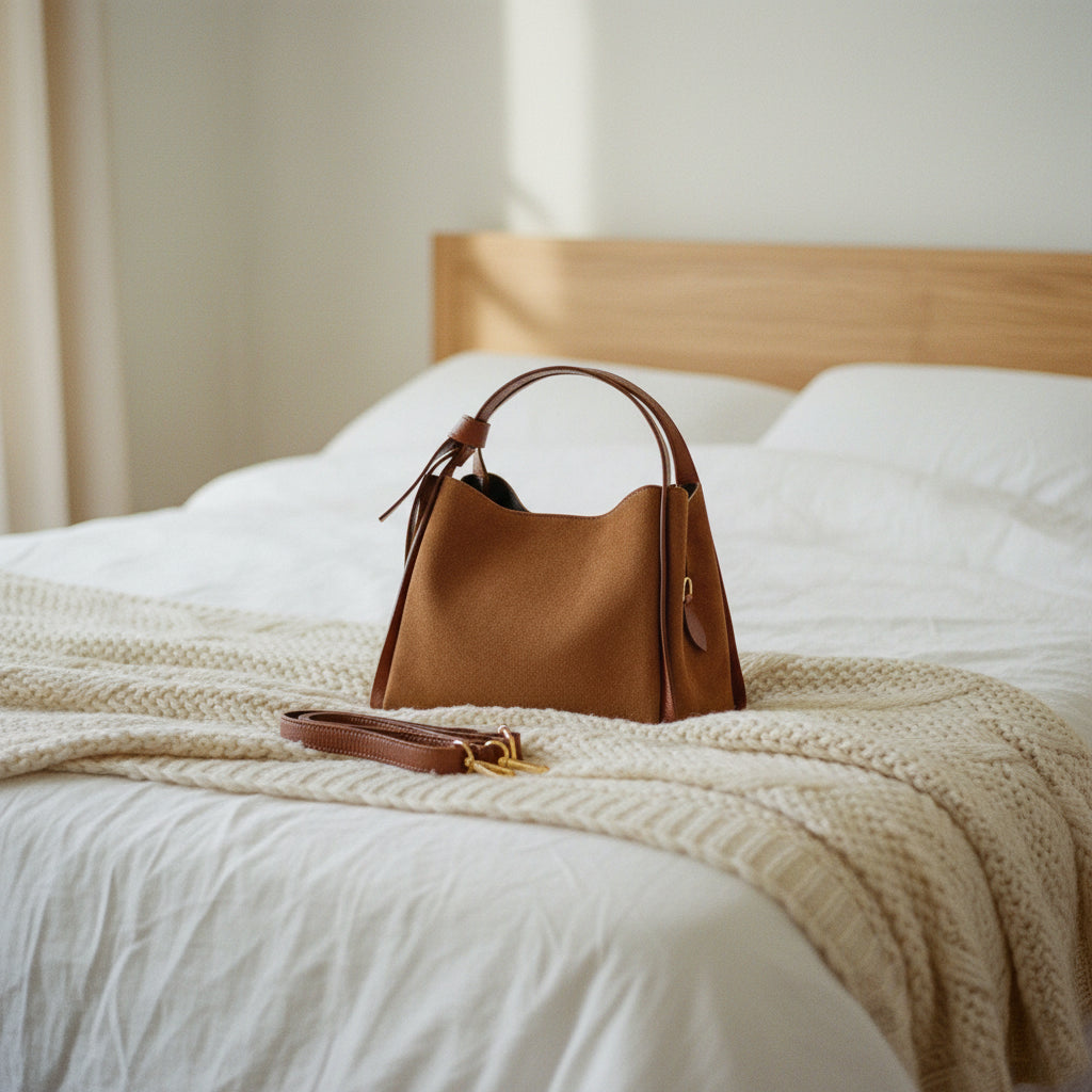 RB1035BI | ALICE Women's Handbag in Genuine Suede, Made in Italy. Polished Gold Metal Hardware. Chestnut Color. Dimensions: 26 x 20 x 15 + 12 cm (Handle Drop)-1