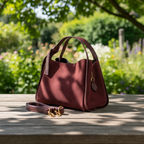 Sac Alice en cuir suédé bordeaux avec insertions en cuir grainé dollar, silhouette trapèze structurée et accessoires dorés brillants, fabriqué en Italie.