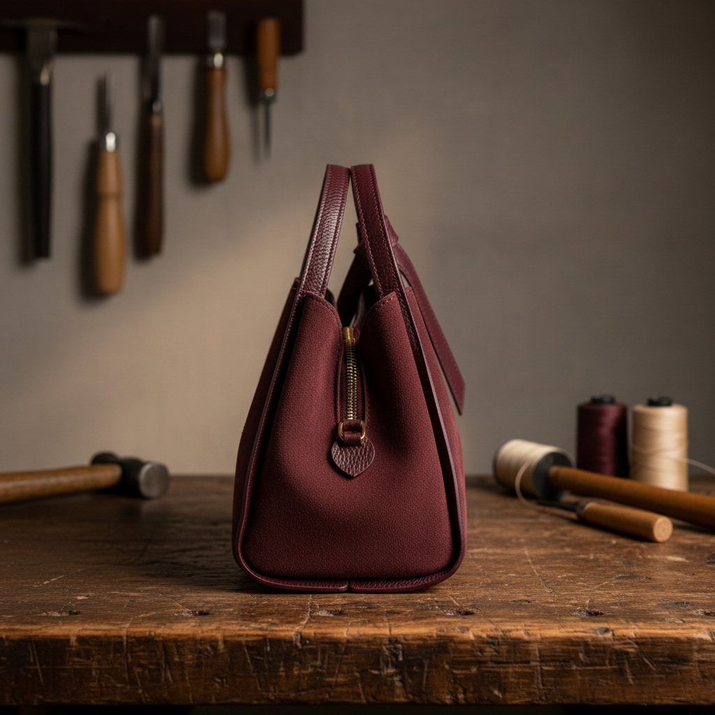 Sac Alice en cuir suédé bordeaux avec insertions en cuir grainé dollar, silhouette trapèze structurée et accessoires dorés brillants, fabriqué en Italie.