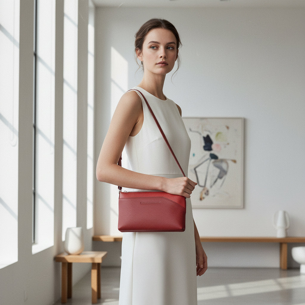 Pochette en cuir rouge lisse au format compact, dotée d’une fine bandoulière et pensée pour accompagner élégamment une soirée. 