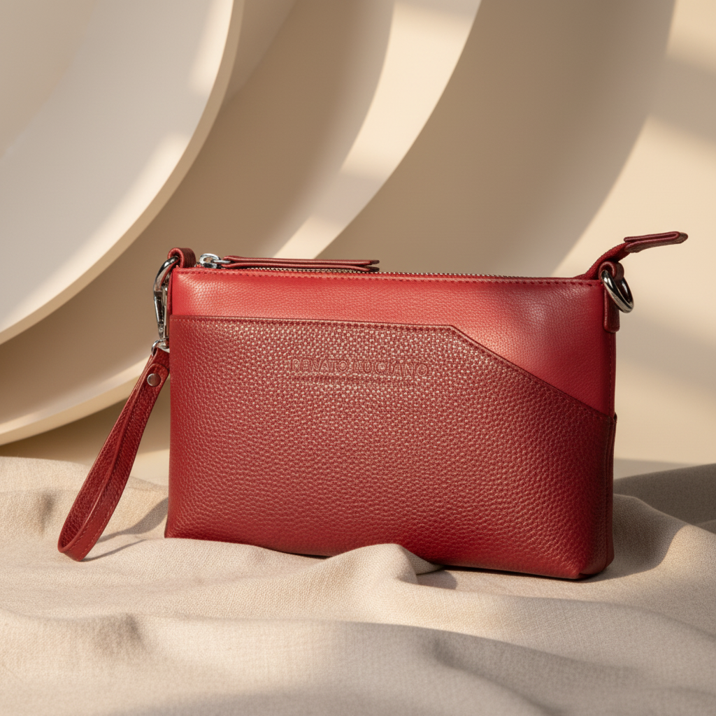 Pochette en cuir rouge lisse au format compact, dotée d’une fine bandoulière et pensée pour accompagner élégamment une soirée. 