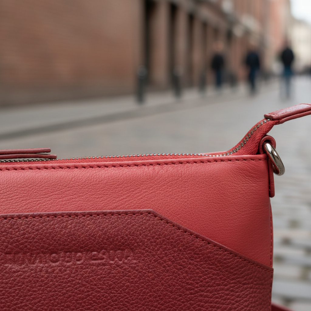 Pochette en cuir rouge lisse au format compact, dotée d’une fine bandoulière et pensée pour accompagner élégamment une soirée. 