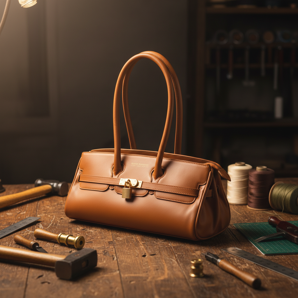 Sac porté épaule Arianna en cuir sauvage souple couleur cognac, fabriqué en Italie, avec métallerie or mat et format 34 × 15 × 16 cm, poignée de 20 cm.