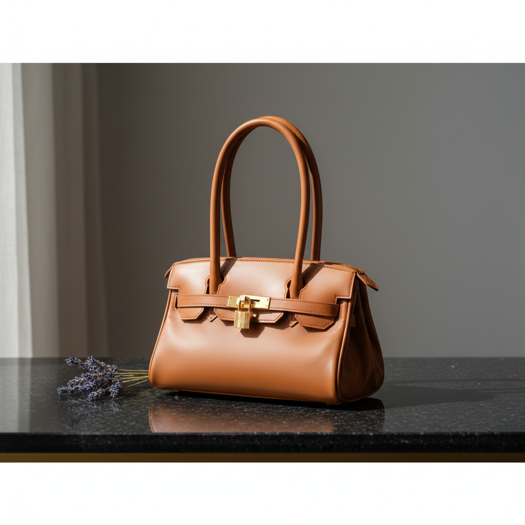 Sac porté épaule Arianna en cuir sauvage souple couleur cognac, fabriqué en Italie, avec métallerie or mat et format 34 × 15 × 16 cm, poignée de 20 cm.