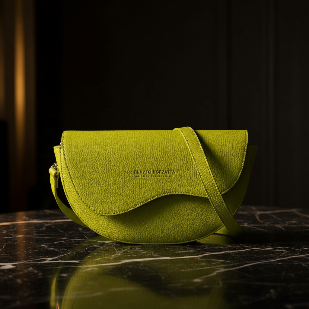 Jade, Sac bandoulière en cuir pleine fleur vert forêt, format compact, bandoulière réglable, finitions canon de fusil, fabriqué en Italie.